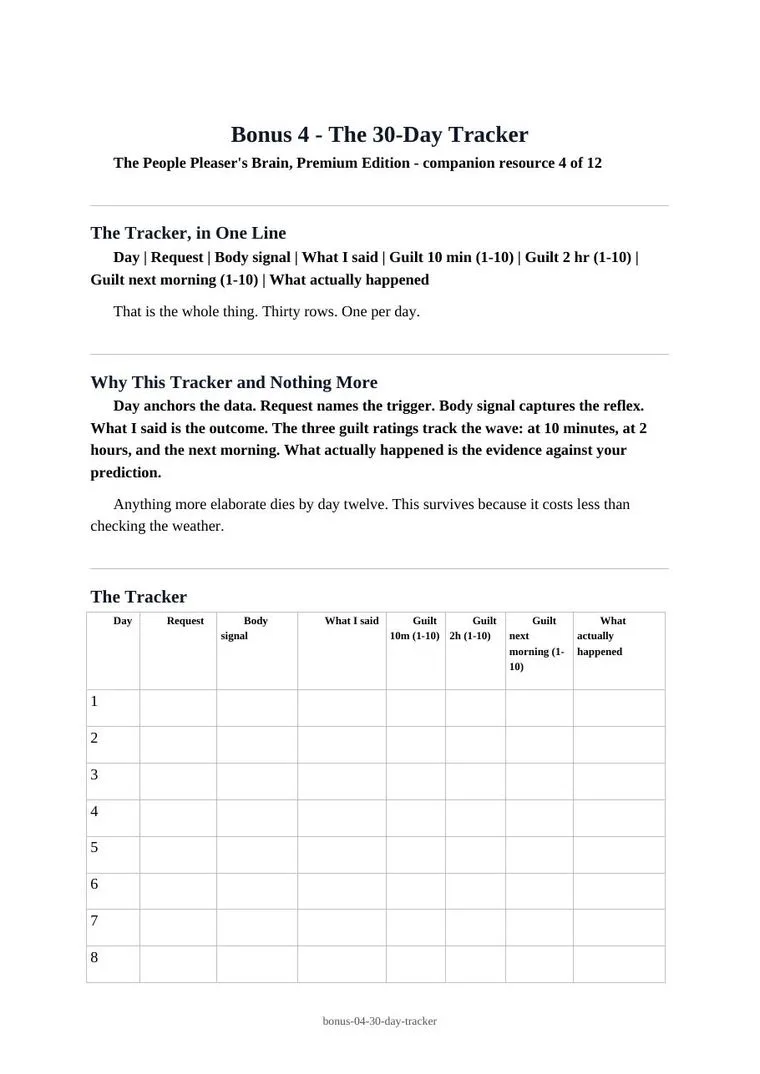 Page from Bonus 4, the 30-Day Tracker